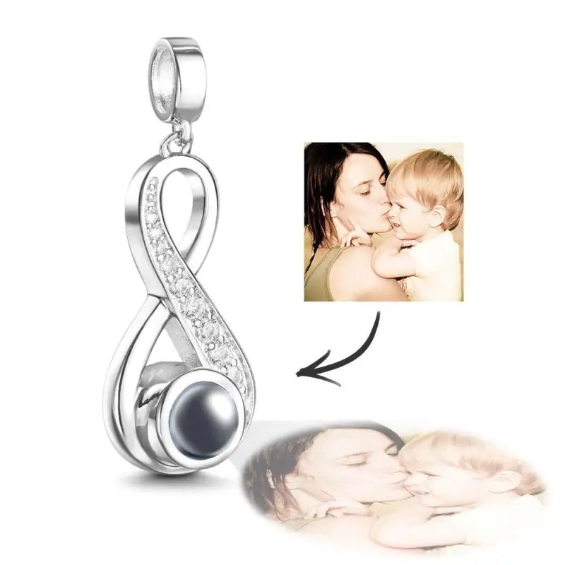 Silver infinity pendant with pearl and diamonds, perfect for custom photo projection charm