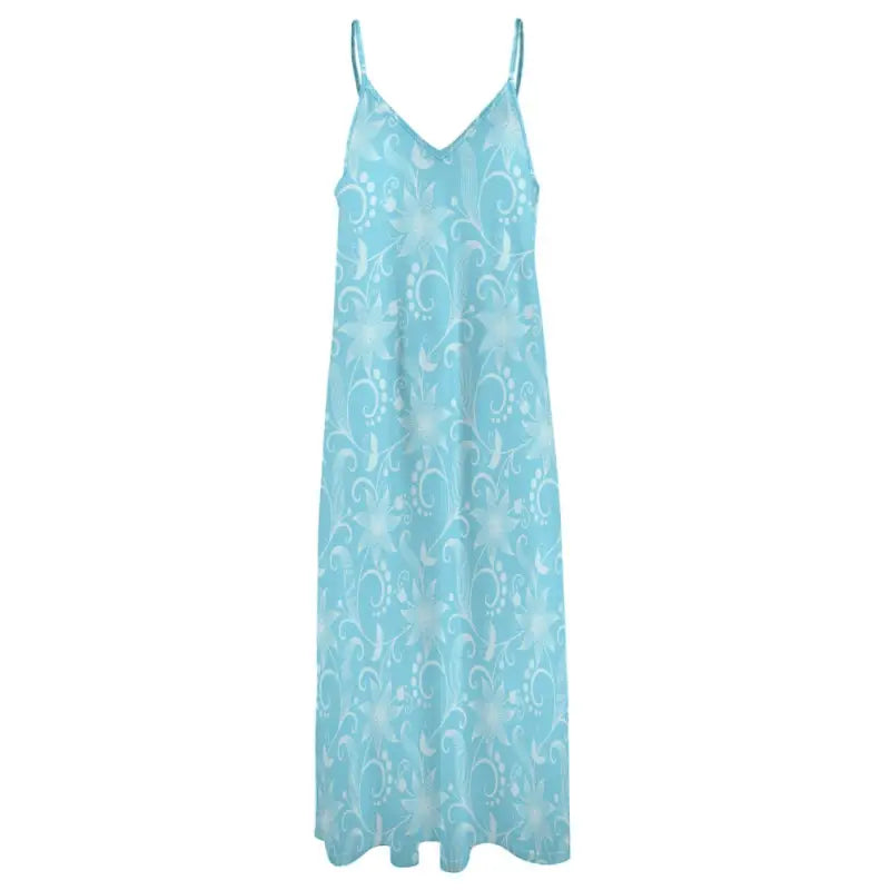 Light blue sleeveless maxi dress with white swirl pattern, perfect for a spring vibe
