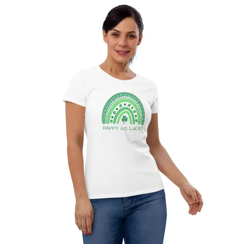 White t-shirt with a green lucky rainbow design for women’s St Patrick’s fun!
