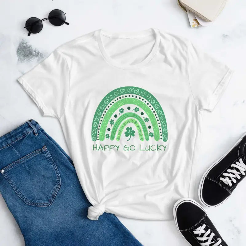 White short sleeve t-shirt with a lucky rainbow and Happy Go Lucky design for women