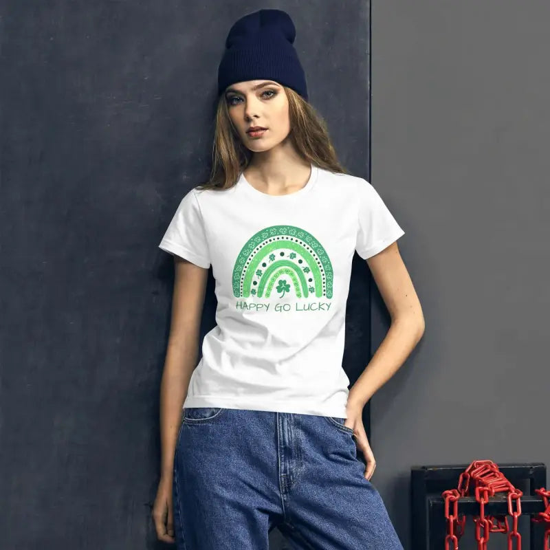 White women’s St. Patrick’s rainbow short sleeve t-shirt with green design and happy vibes