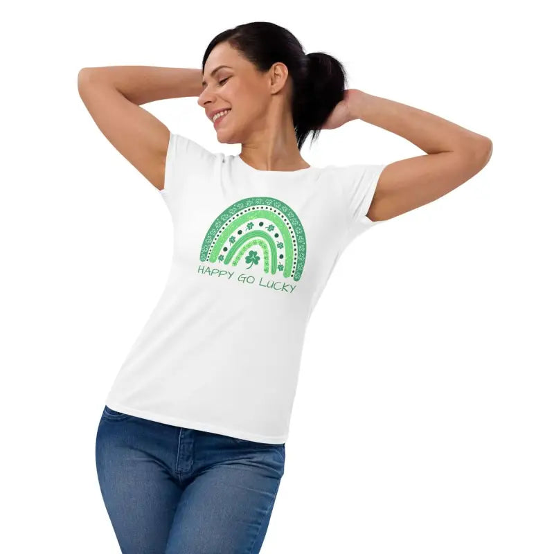White women’s St Patrick’s t-shirt with lucky rainbow design and Happy Go Lucky text