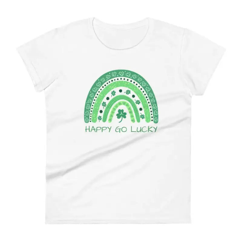 White t-shirt with green rainbow design and HAPPY GO LUCKY text for women’s St Patrick’s fun
