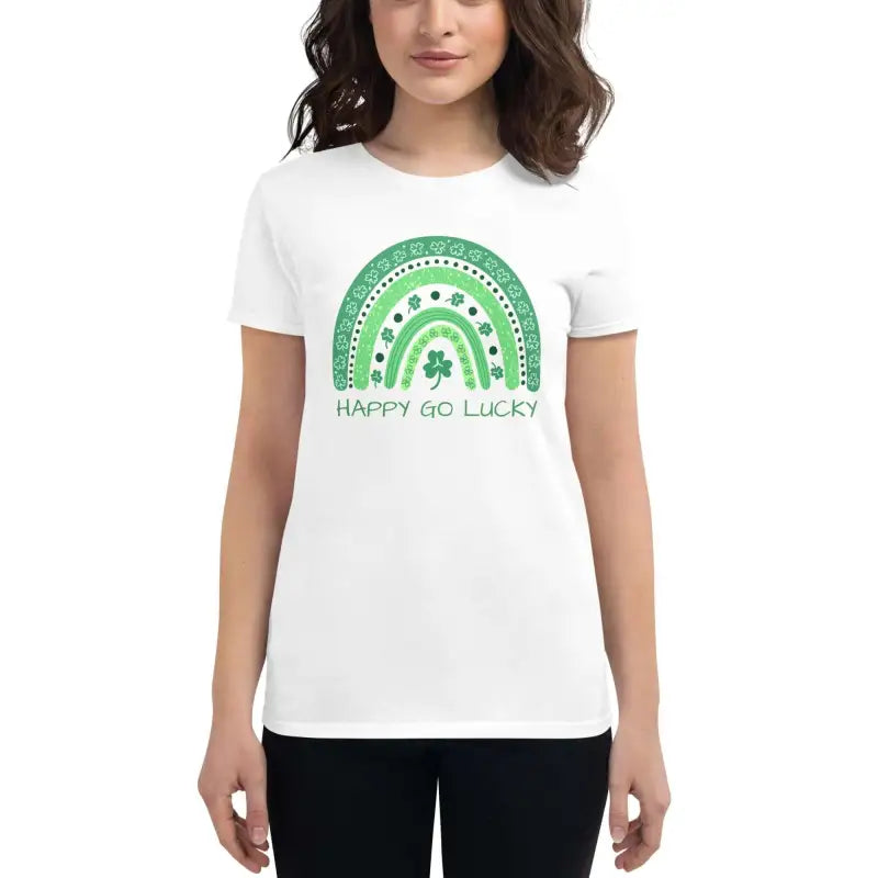 White Rainbow Short Sleeve T-Shirt with Lucky Rainbow and Shamrock design for women’s St Patrick’s