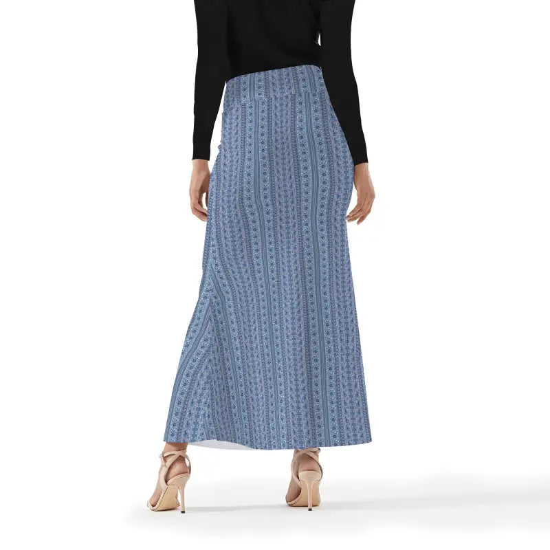 Stylish Long Blue Patterned Boho Maxi Skirt with Black Top and Beige Heels