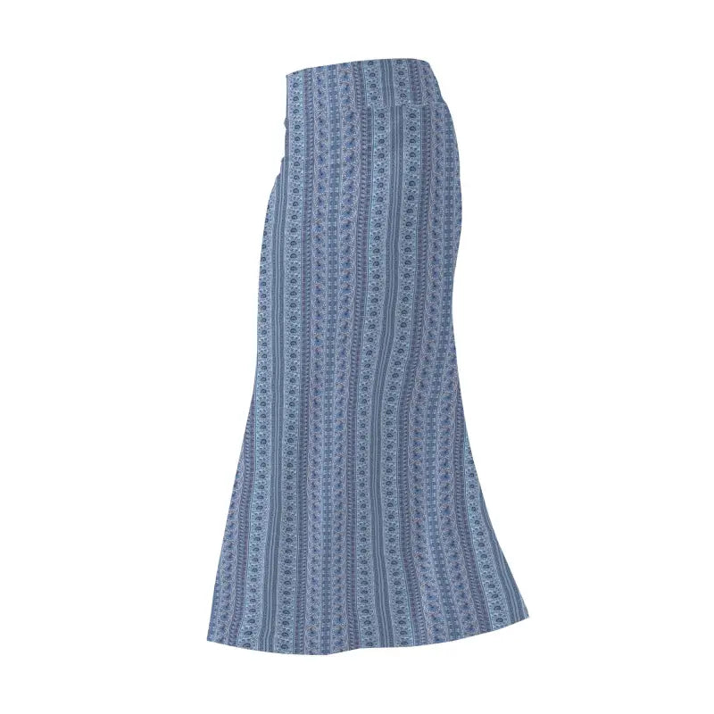 Long blue denim boho maxi skirt with a striped pattern and high-waisted design