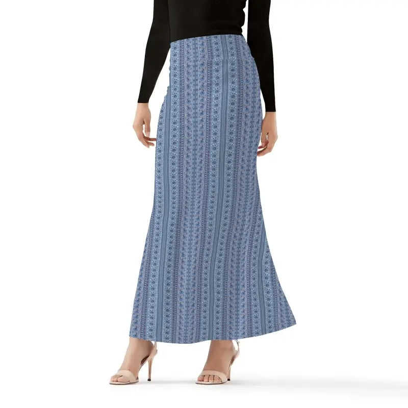 Long blue patterned boho maxi skirt with flared silhouette and high-waisted design