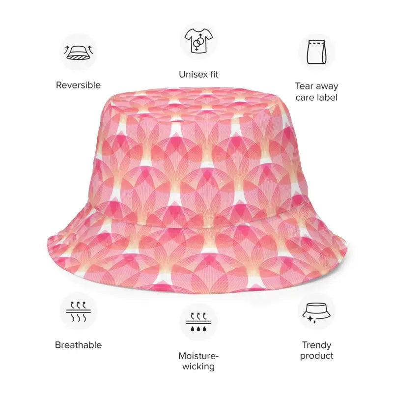 Stylish pink geometric print bucket hat perfect for flipping your look with reversible fun
