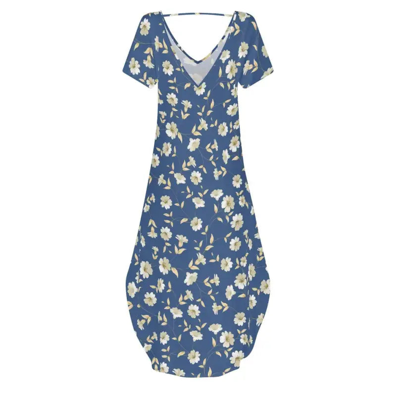Womens blue floral short sleeve maxi dress with V-neckline for a fun flirty look