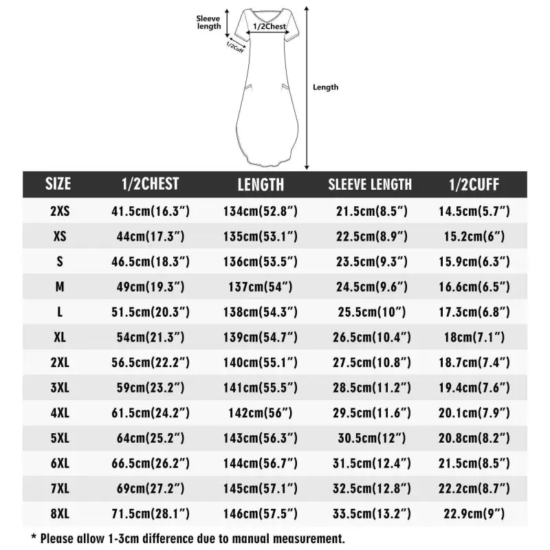 Size chart for Womens Blue Floral Short Sleeve Maxi Dress, showing dimensions from 2XS to 8XL