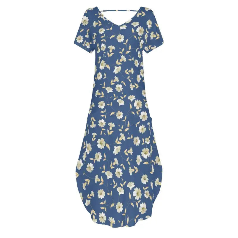 Womens blue floral short sleeve dress with a fun curved hemline and a playful vibe