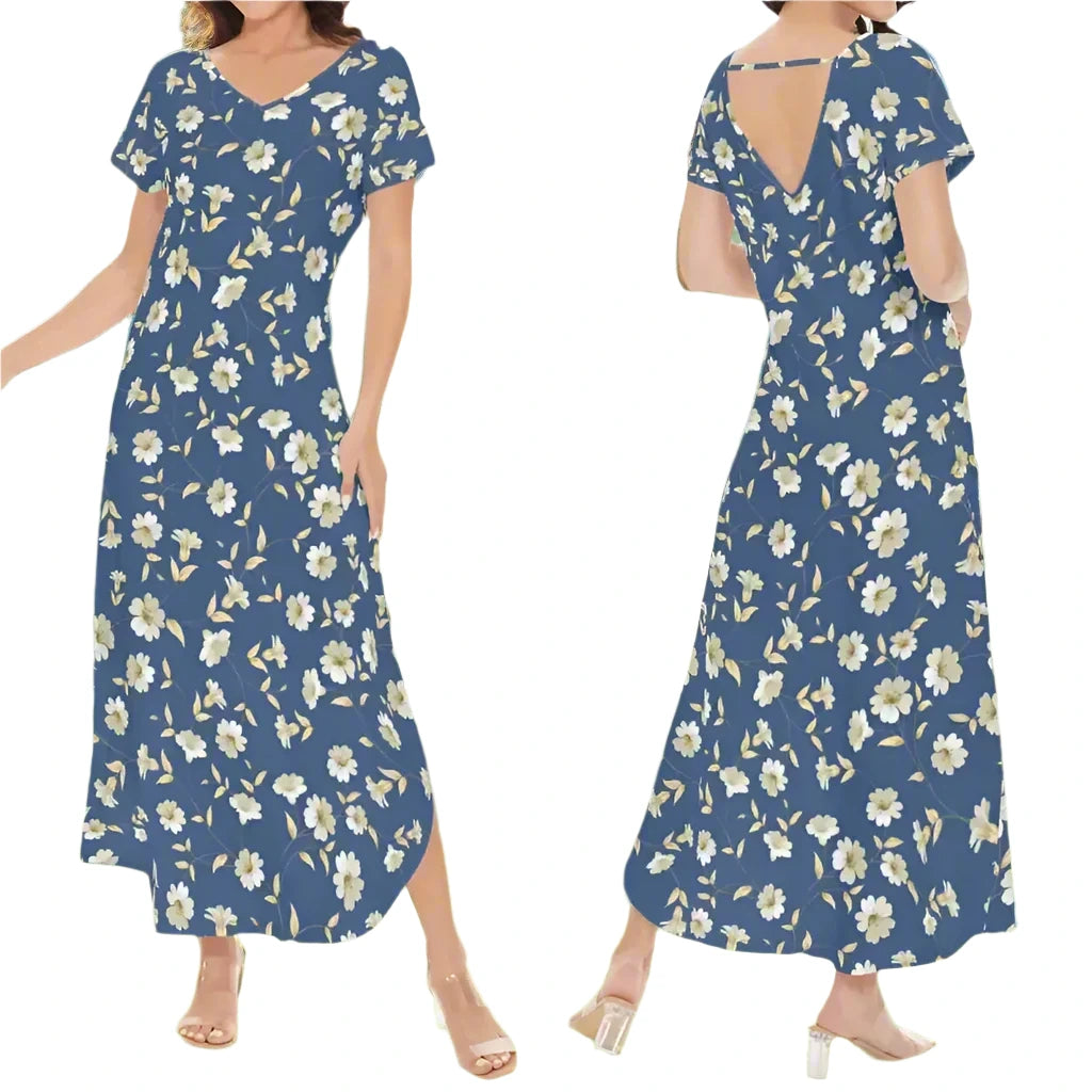 Womens blue floral short sleeve maxi dress with a v-neckline for a fun, stylish look