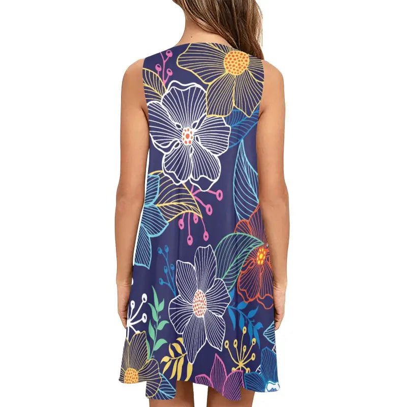 Sleeveless floral A-line pocket dress in vibrant purple, blue, and yellow tones