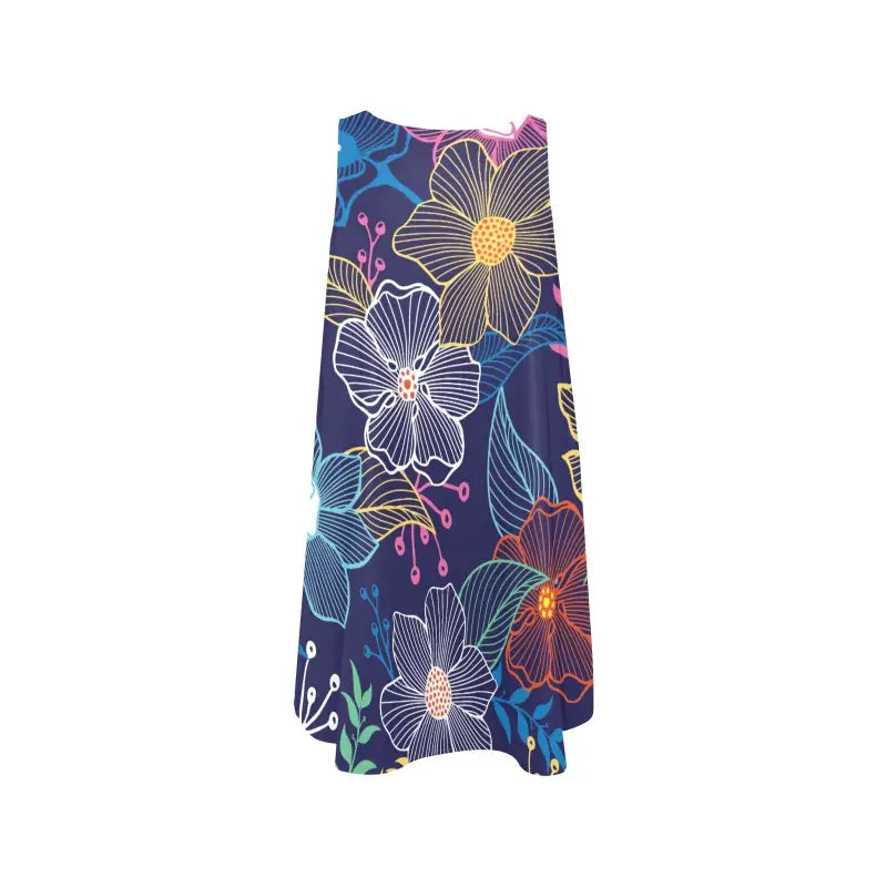 Sleeveless floral A-line pocket dress with navy blue background and vibrant flowers