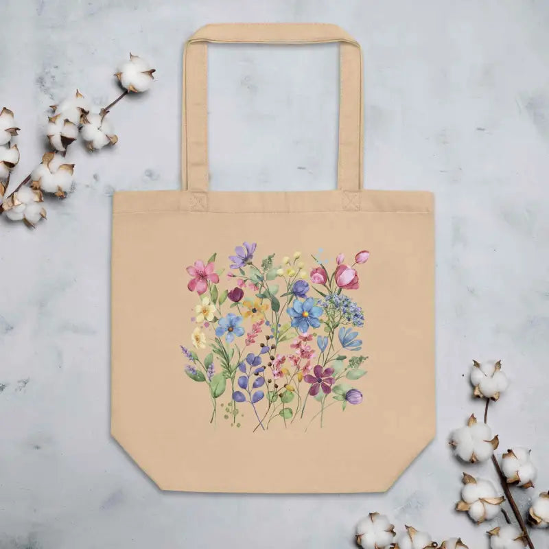 Beige eco canvas tote with colorful floral print for cottage core wildflower vibes