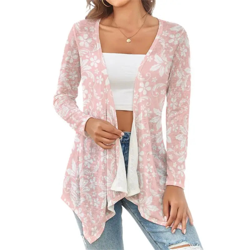 Stylish Pink Floral Open Cardigan with Long Sleeves and Asymmetrical Hem for Women