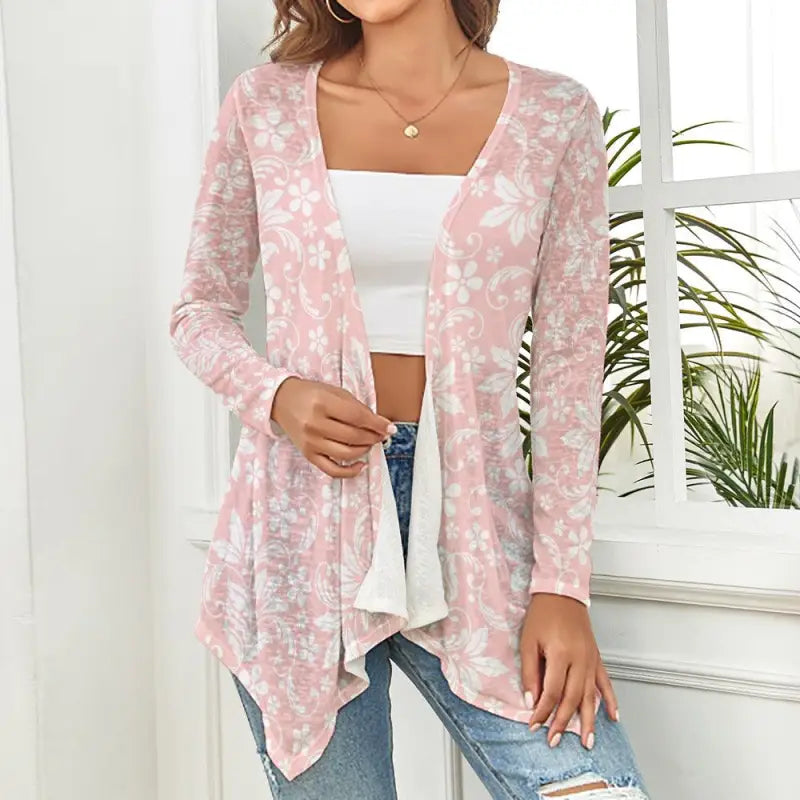 Stylish women’s pink floral open cardigan with long sleeves and chic print