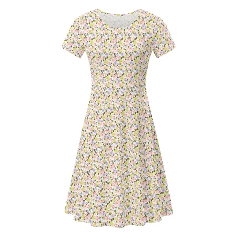 Floral print womens short sleeve ruffle dress with a fitted bodice and flared skirt