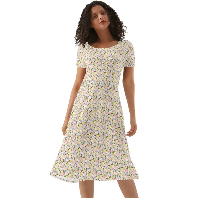 Floral print womens short sleeve ruffle dress with a flared skirt for a fun look