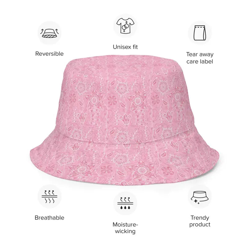 Pink floral reversible bucket hat with fun icons for sunny adventures and style