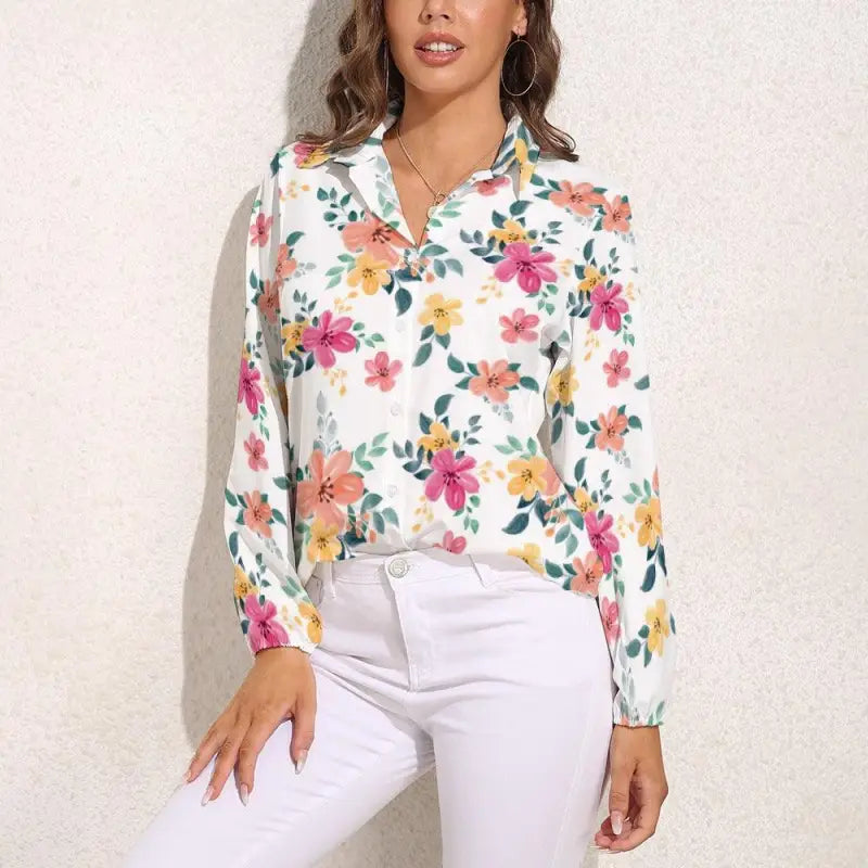 Floral long sleeve button-up blouse with collar and pretty print design