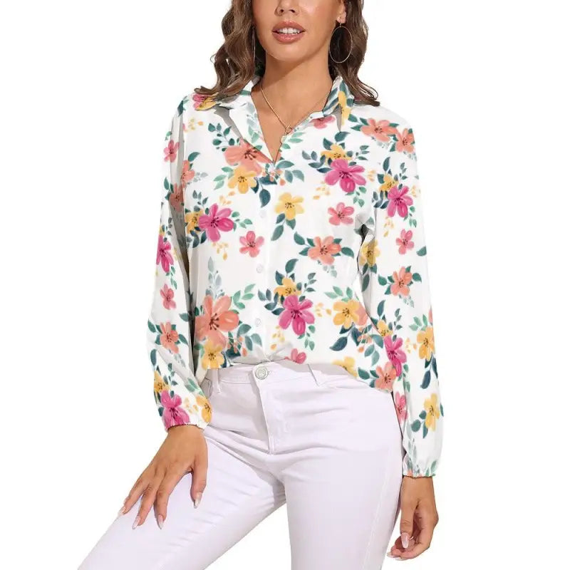 Floral long sleeve blouse with collared neckline and button details, super cute style