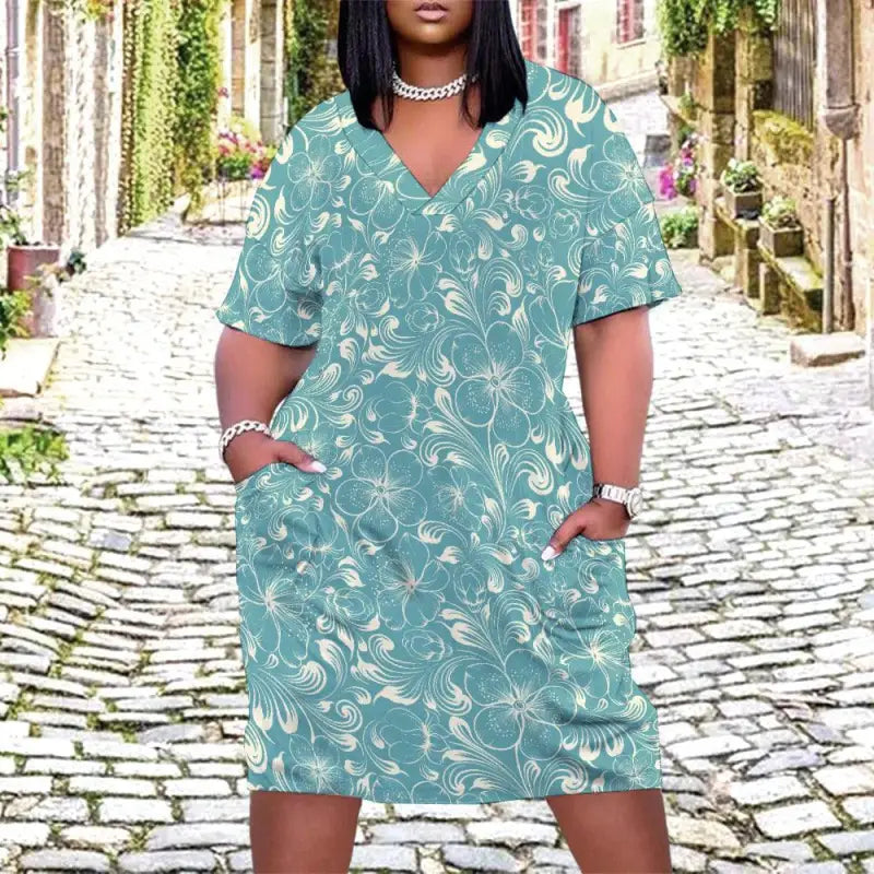 Teal floral loose v neck dress with short sleeves and pockets for adventures
