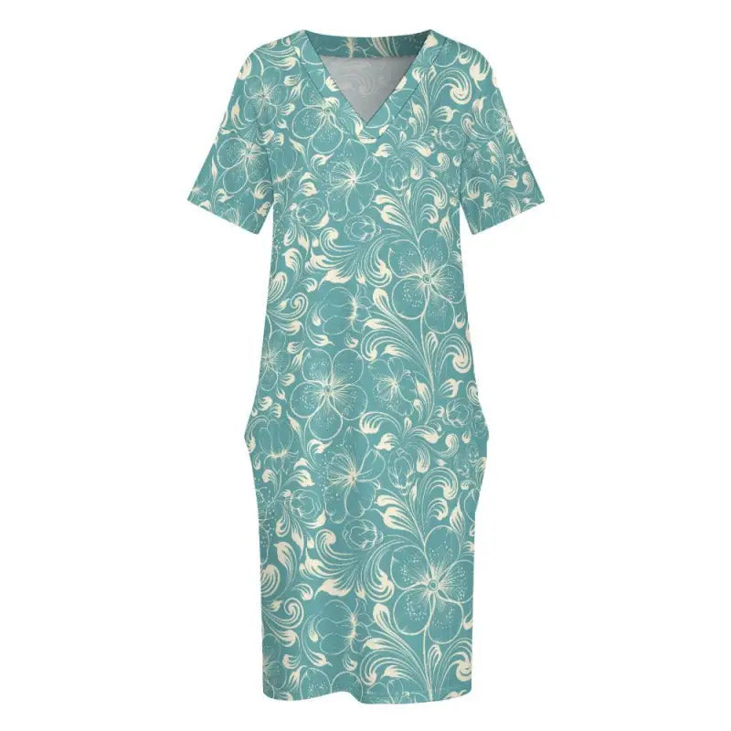 Teal floral loose V neck dress with pockets perfect for all your adventures