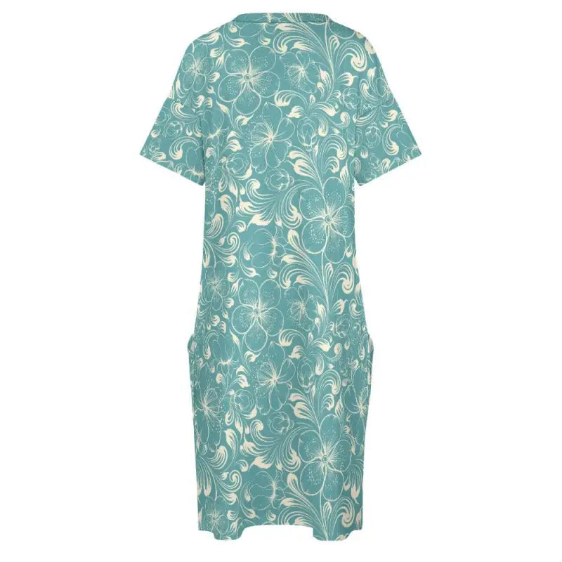 Teal floral loose V neck dress with pockets, perfect for all your adventures