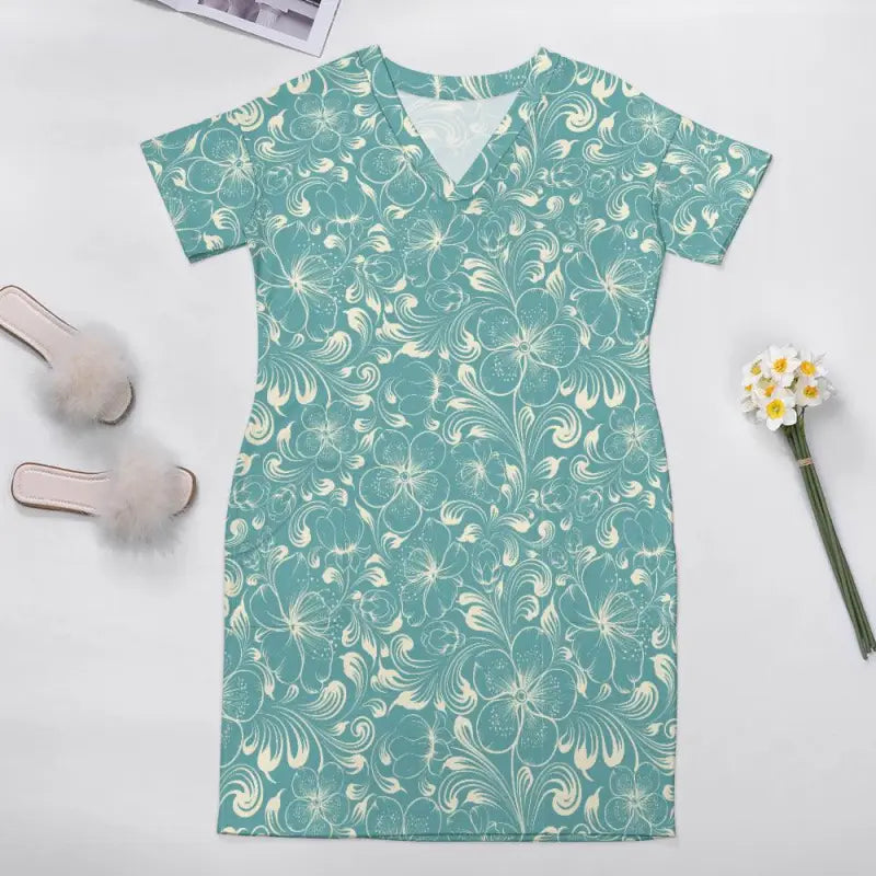 Teal floral loose V neck dress with pockets, perfect for all your adventures
