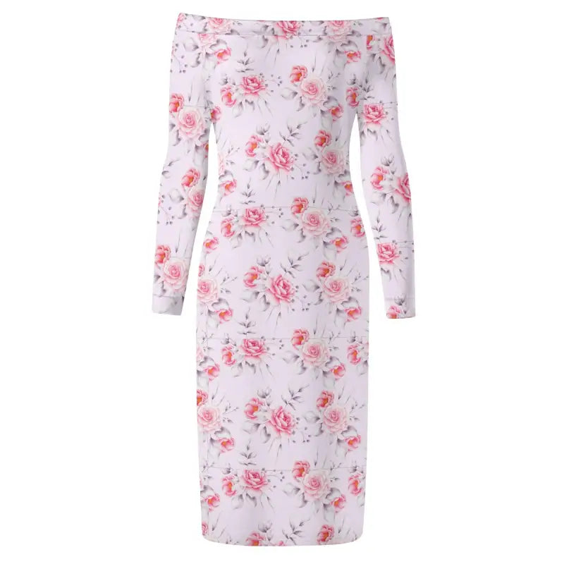 Womens pink floral off-the-shoulder dress with long sleeves and knee-length hem