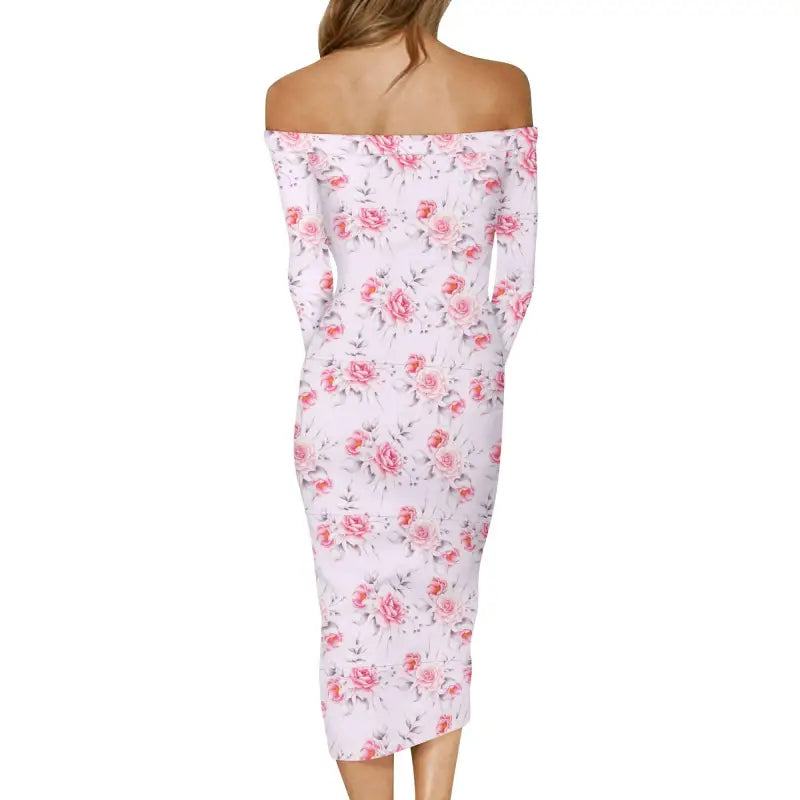 Womens pink floral off-shoulder dress with fitted silhouette and mid-length hem