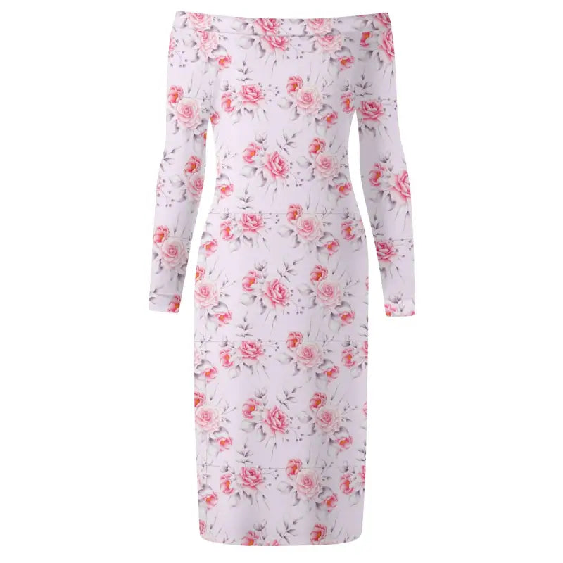 Womens pink floral off-the-shoulder dress with long sleeves and a midi skirt