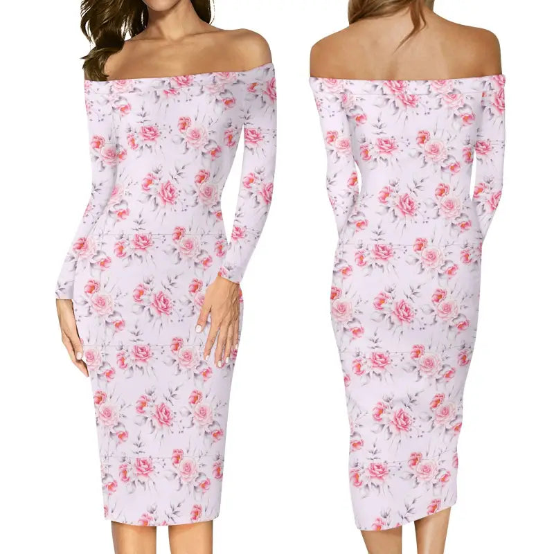 Womens pink floral off-shoulder dress with long sleeves and knee-length hem
