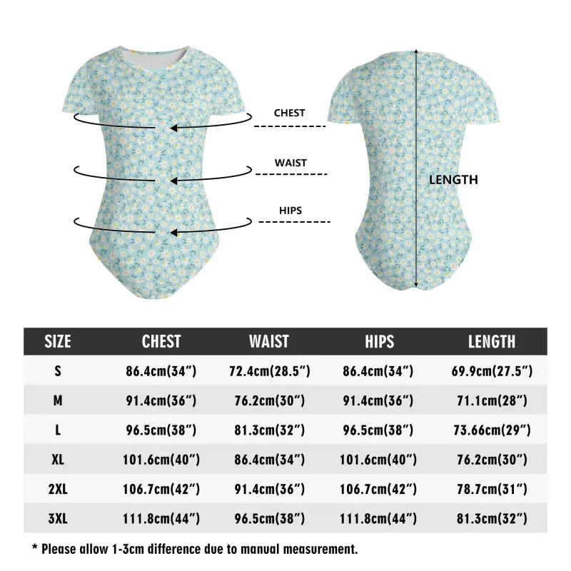 Floral Print Crew Neck Baby Bodysuit with size chart and measurement guide for mini fashionistas