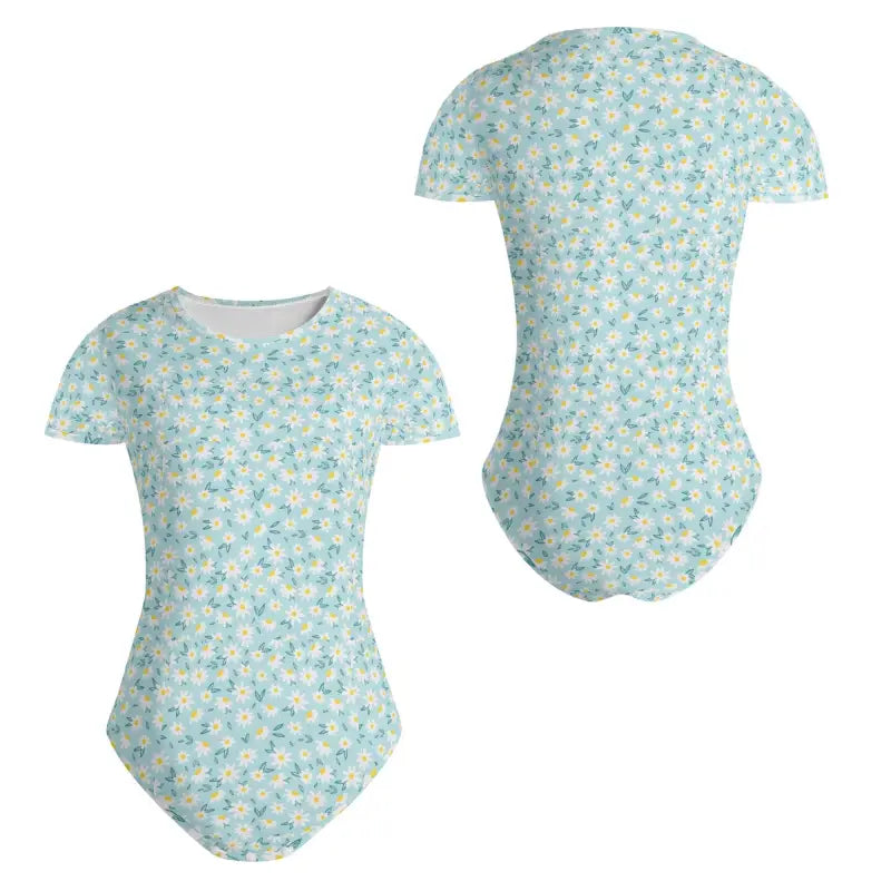 Floral Print Crew Neck Baby Bodysuit in light blue and white for stylish mini fashionistas