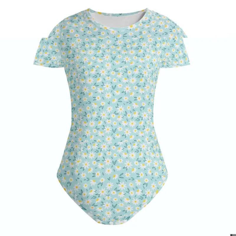 Floral Print Crew Neck Baby Bodysuit in light blue and yellow for stylish mini fashionistas