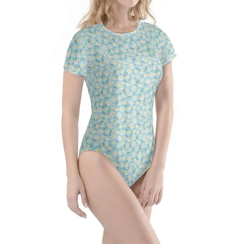 Floral print crew neck baby bodysuit in light blue and yellow for mini fashionistas