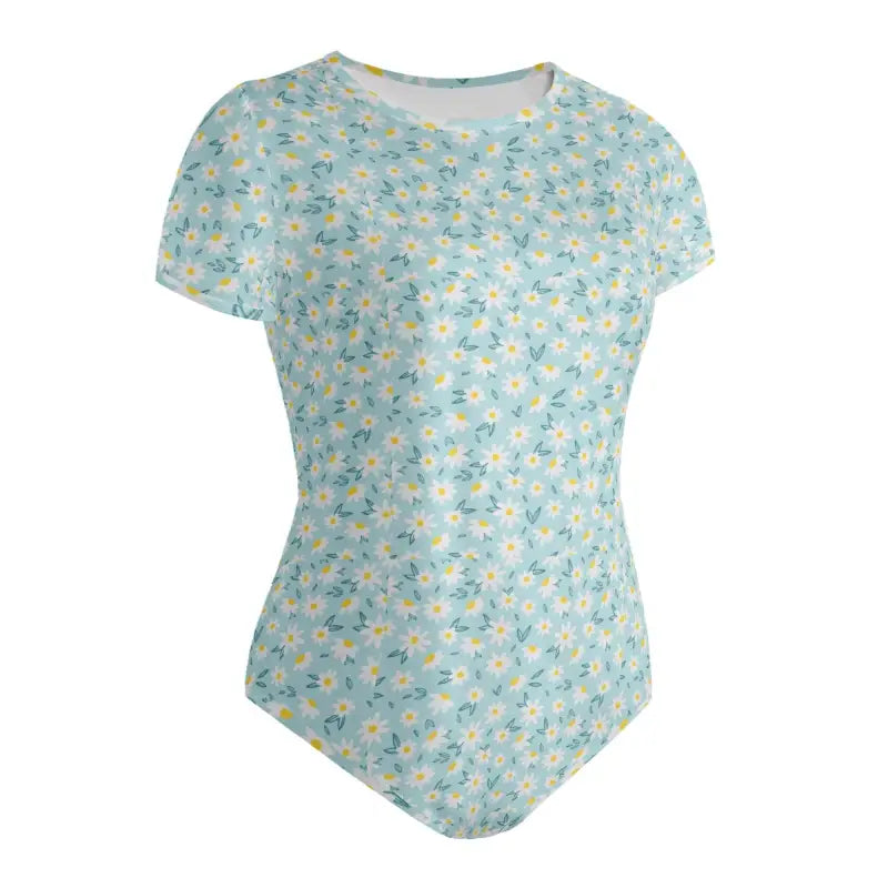 Floral print crew neck baby bodysuit in light blue and yellow for mini fashionistas