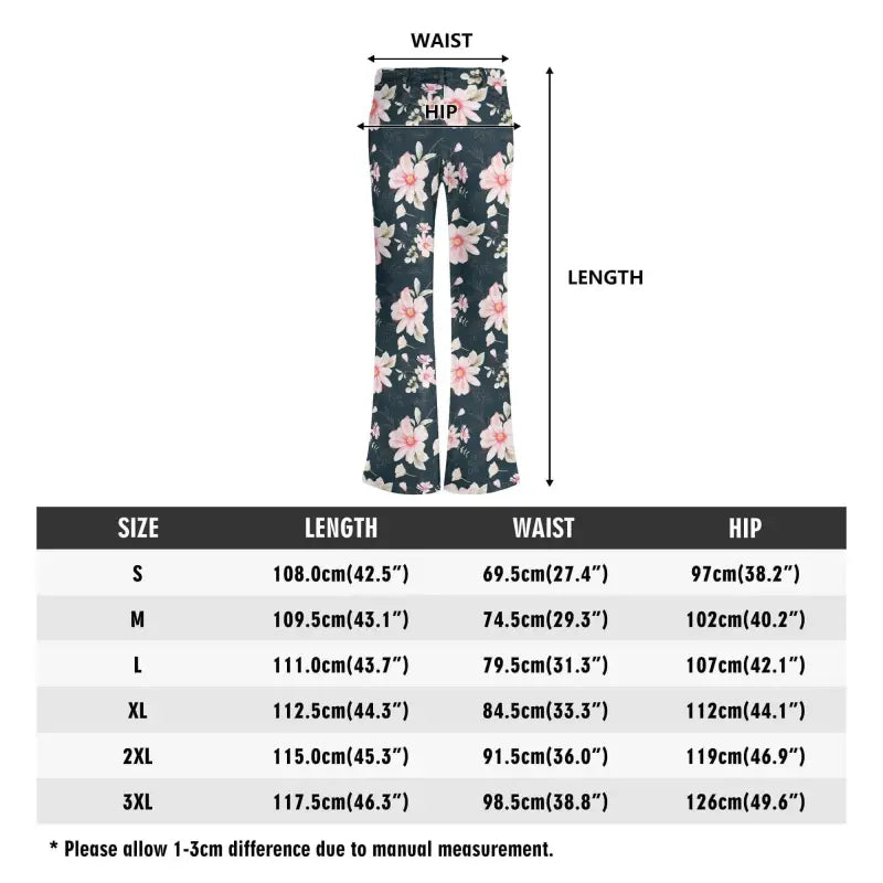 Floral Print Flare Pants with size chart for trendy womens black floral style
