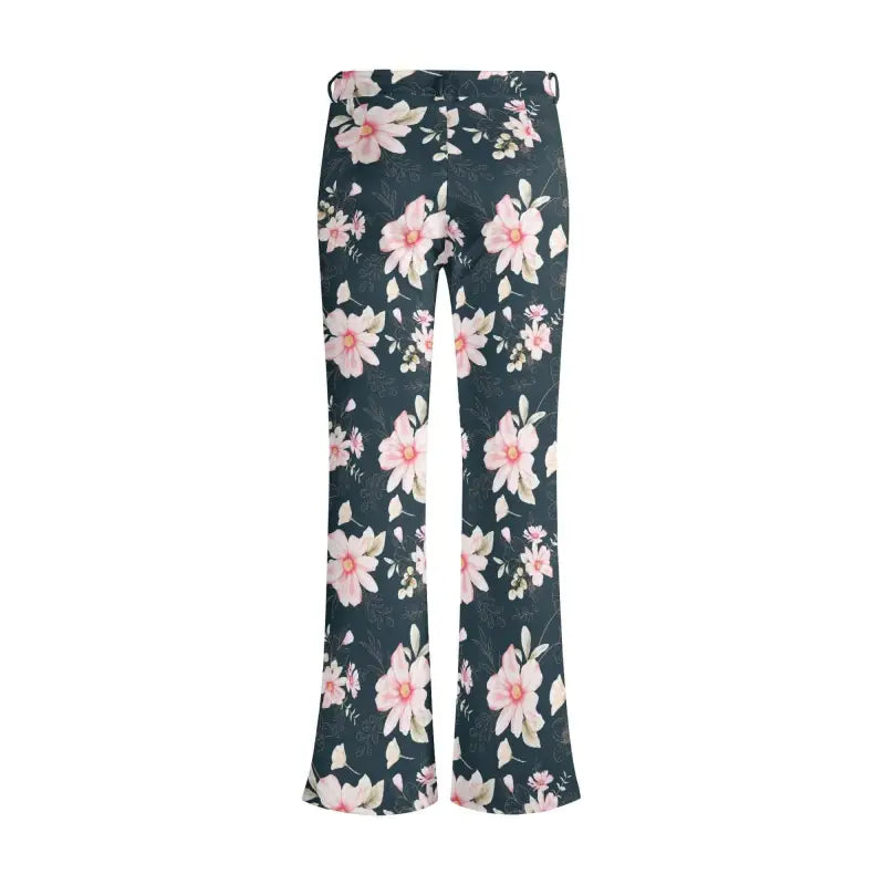 Floral print flare pants with pink flowers on a dark background for trendy womens black floral style
