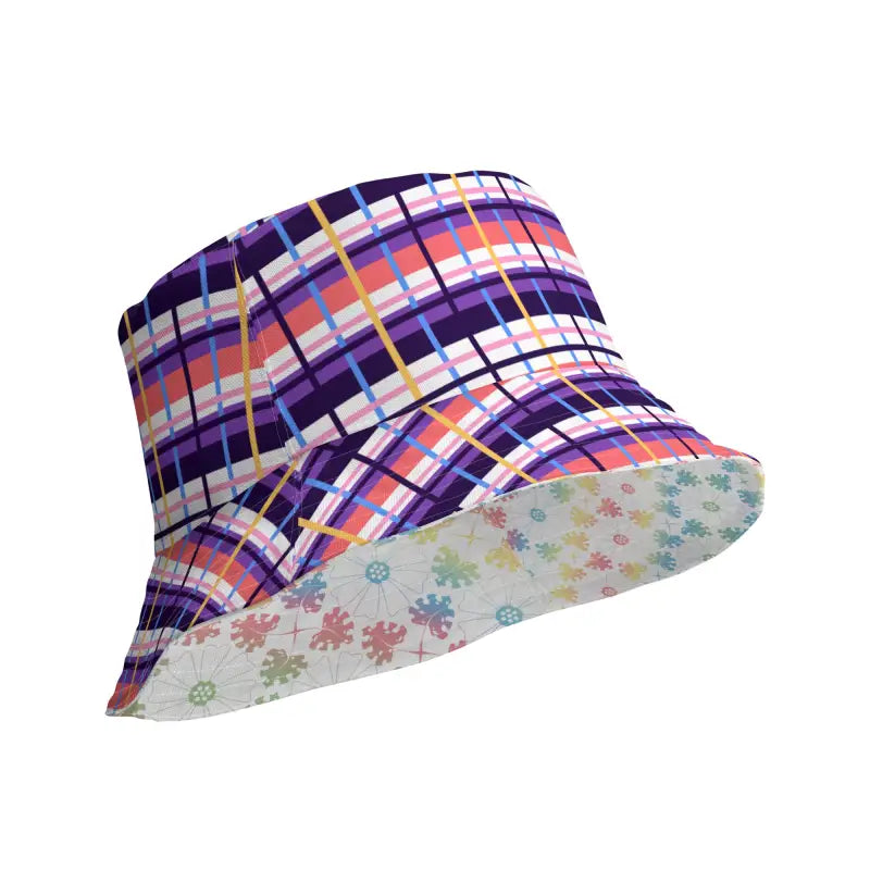 Colorful plaid reversible bucket hat with floral lining for stylish sun protection