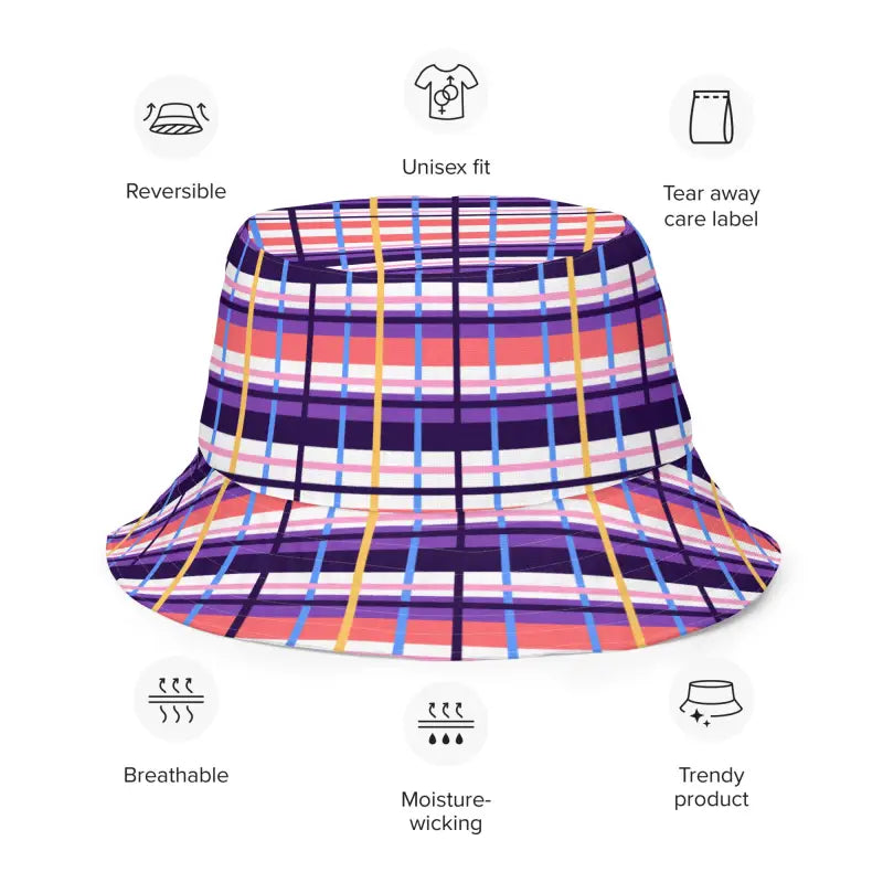 Colorful plaid women’s floral reversible bucket hat with labeled features around it