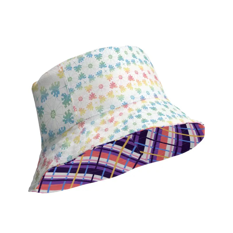Reversible bucket hat with floral print and plaid pattern, perfect for stylish sun protection