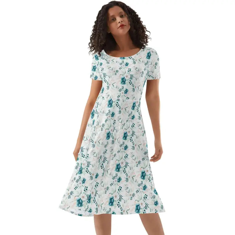 Womens floral short sleeve midi dress with a flared skirt and cute prints