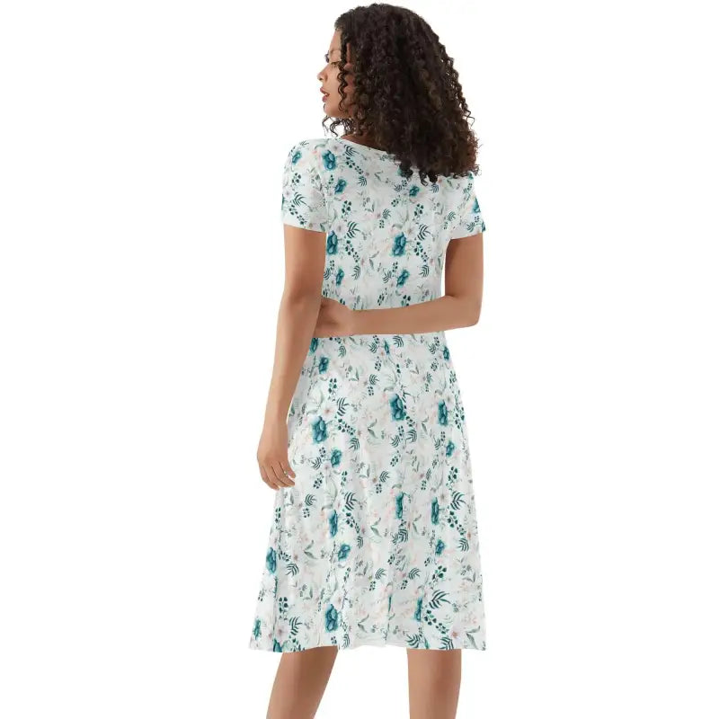 Womens floral short sleeve midi dress with a cute knee-length skirt, perfect for sunny days