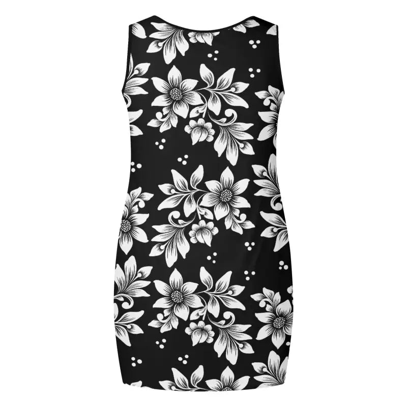 Floral sleeveless tank dress featuring a black design with a white floral print pattern