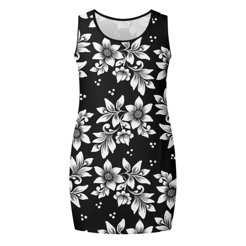 Black sleeveless tank dress with white floral print for a fresh, stylish look