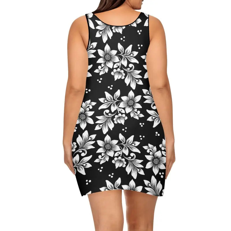 Floral sleeveless tank dress featuring a black design with a cute white floral print