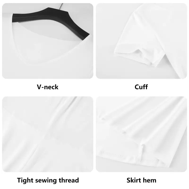 Four clothing components of a purple floral summer dress with cuff, V-neck, and ruffle trim hem